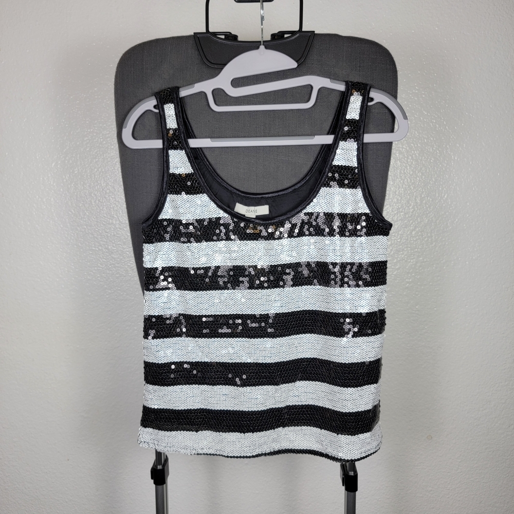 Deane Sequin Stripe‎ Tank Top Black White Sleeveless Scoop Whimsigoth Women's XS